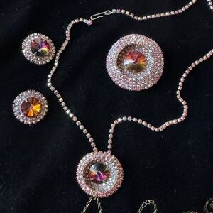 Vintage Pink Margarita Rivoli Pendant Necklace, Earrings, Pendant & Brooch Set